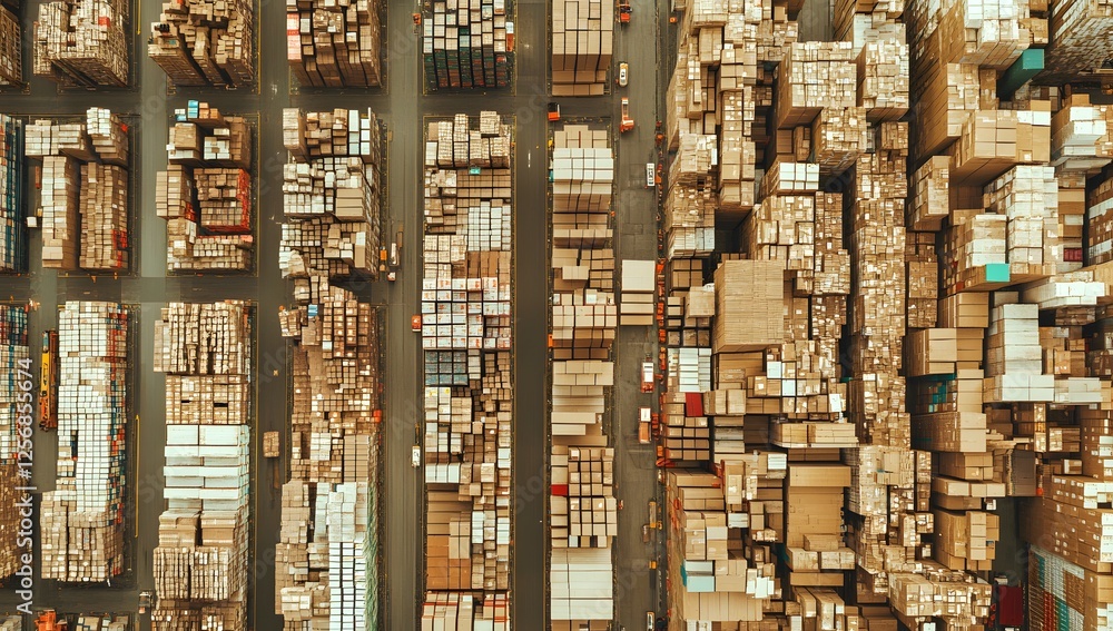 High-Angle View of a Vast and Organized Warehouse Filled with Various Types of Packed Goods, Showing Efficient Storage Systems and Logistics High-Angle View of a Vast and Organized Warehouse Filled with Various Types of Packed Goods, Showing Efficient Storage Systems and Logistics