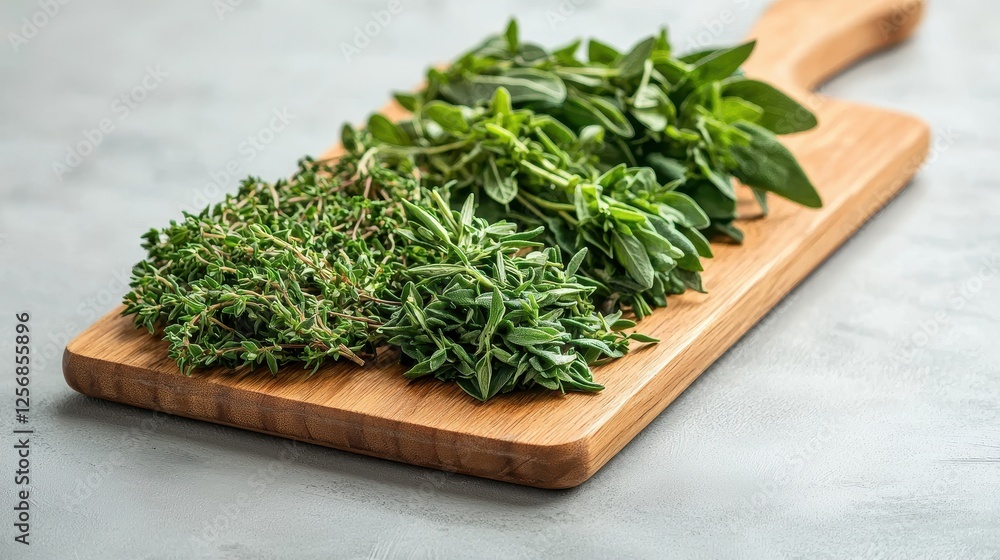 Fresh herbs including thyme, basil, and mint arranged on a wooden cutting board, emphasizing vibrant green colors and culinary use. Fresh herbs including thyme, basil, and mint arranged on a wooden cutting board, emphasizing vibrant green colors and culinary use.