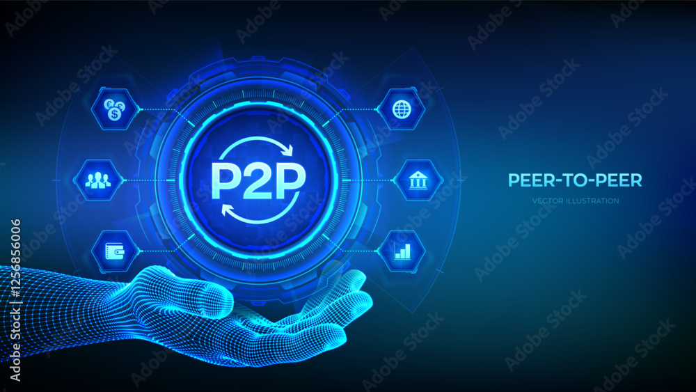 Peer to peer icon in wireframe hand. P2P payment and online model for support or transfer money. Peer-To-Peer technology concept on virtual screen. Vector illustration. Peer to peer icon in wireframe hand. P2P payment and online model for support or transfer money. Peer-To-Peer technology concept on virtual screen. Vector illustration.