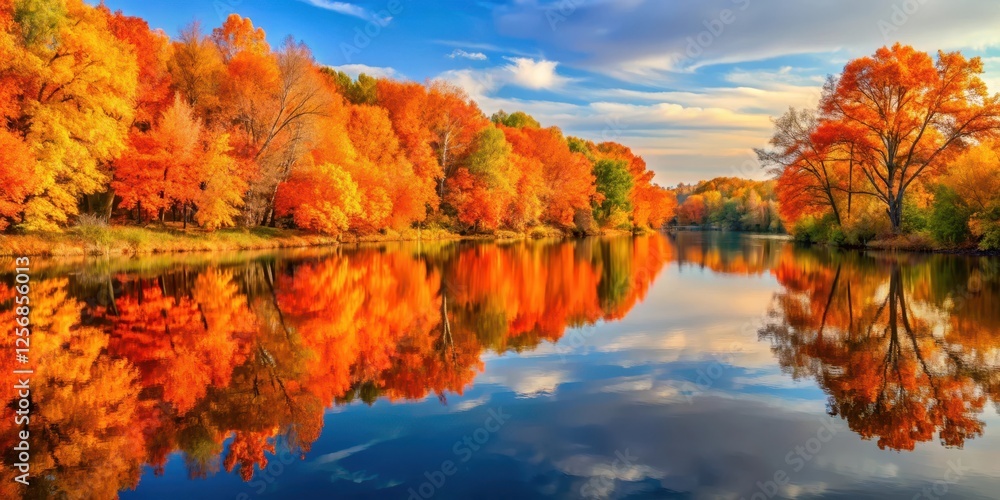 Fototapeta premium Vibrant orange hues reflect off calm river waters as autumn leaves float by, river, scenery, river, scenery, orange