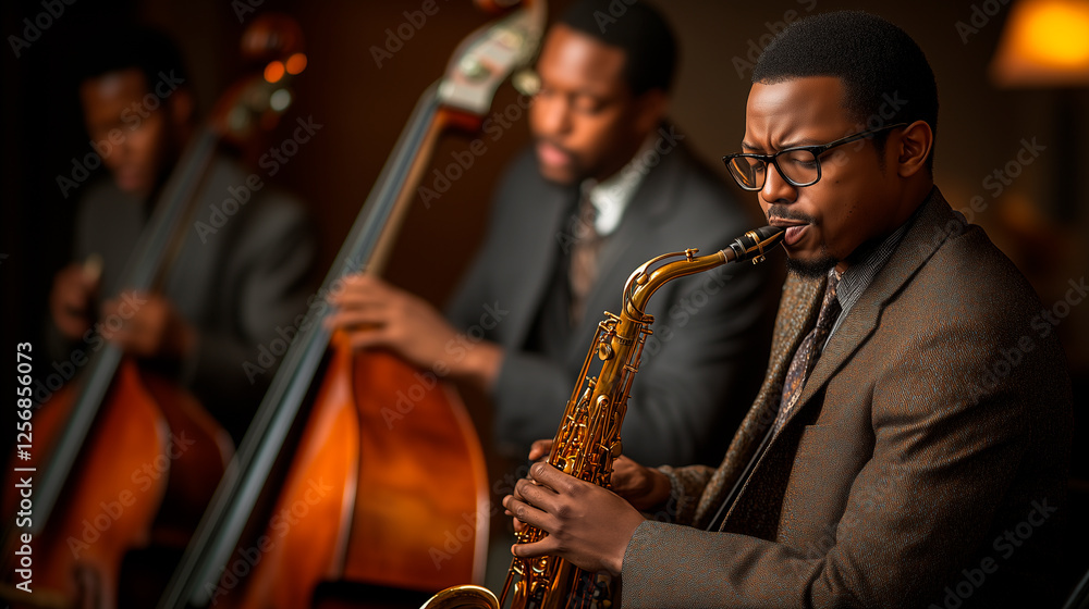 Fototapeta premium Jazz musicians playing saxophone and double bass