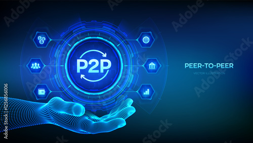 Peer to peer icon in wireframe hand. P2P payment and online model for support or transfer money. Peer-To-Peer technology concept on virtual screen. Vector illustration.
