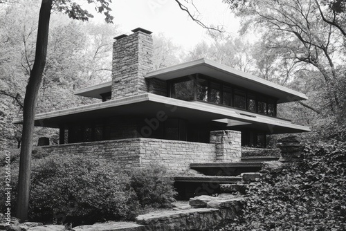 Stone House nestled in a wooded landscape