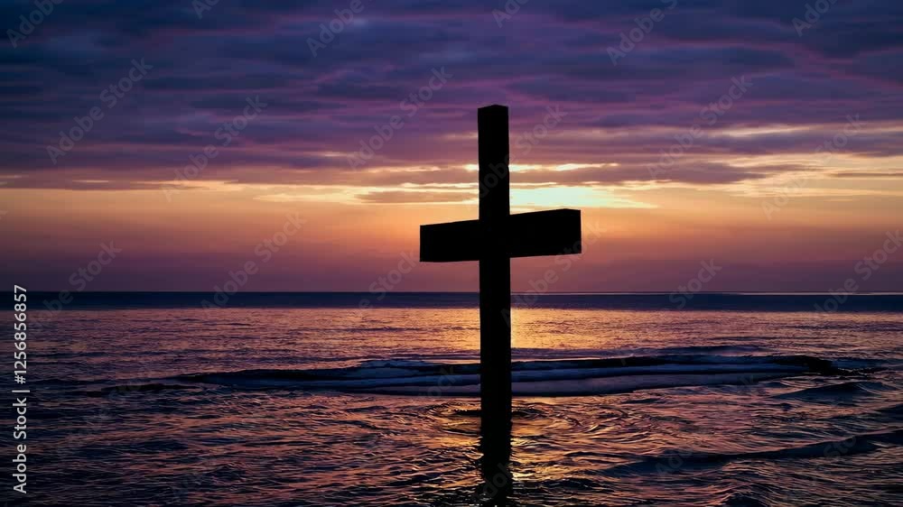 Sunset over ocean with silhouette of cross in the water, tranquil reflection. Spiritual and serene landscape concept Sunset over ocean with silhouette of cross in the water, tranquil reflection. Spiritual and serene landscape concept