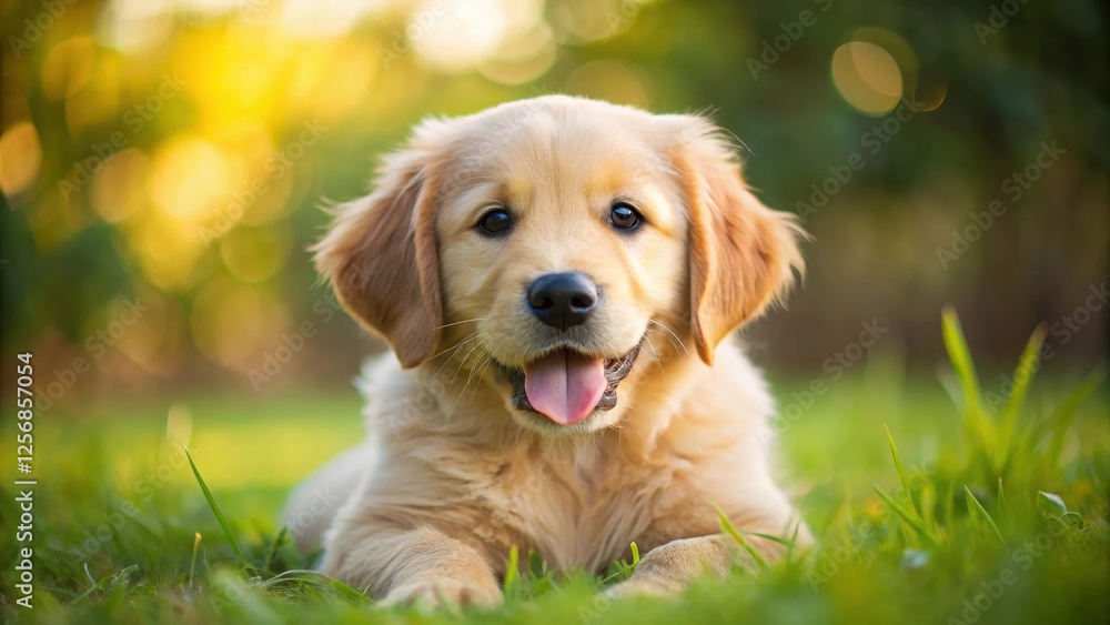 A golden retriever puppy with a fluffy coat and big round eyes is lying on its side in the grass, tongue out and ears relaxed, golden retriever, happy dog A golden retriever puppy with a fluffy coat and big round eyes is lying on its side in the grass, tongue out and ears relaxed, golden retriever, happy dog