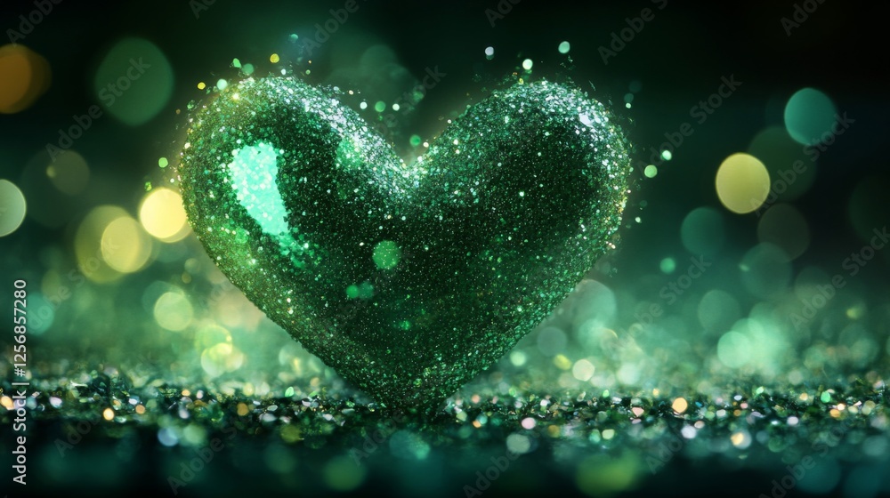 Fototapeta premium Green Glitter Heart Sparkles Dark Background