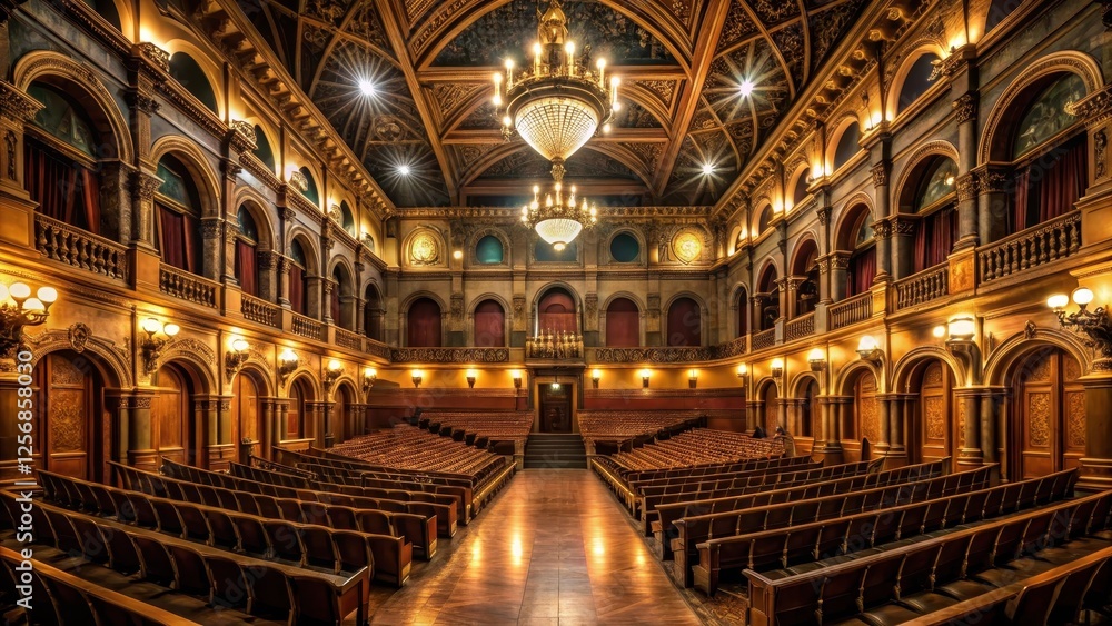 Obraz premium Grand Assembly Hall at Night, interior photography, dark and moody ambiance