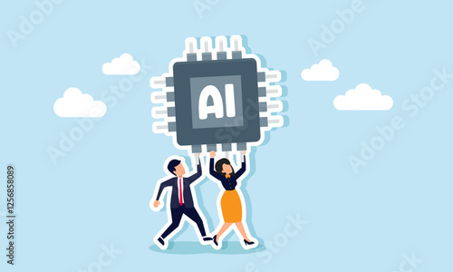 Businessman and businesswoman collaborate to lift a computer chip labeled AI, illustration of working together to build an AI-based work system