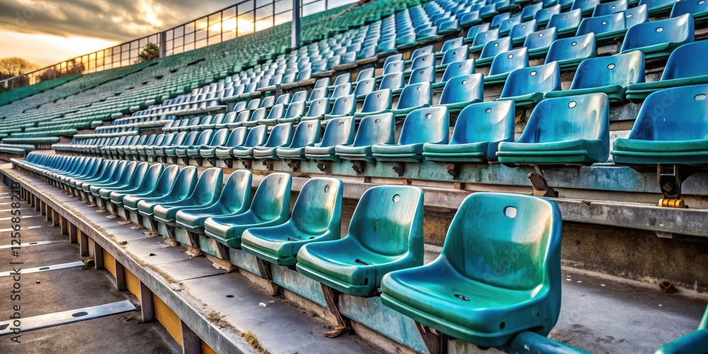 Fototapeta premium Empty rows of plastic stadium seats with scattered sports equipment and dust, dirt, dust