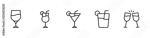 Cocktails, drinks glasses icon set vector