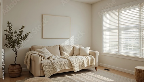 Cozy Beige Living Room with Natural Light, Minimalist Decor, and a Blank Canvas
