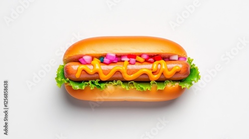 Delicious hot dog with mustard onions and lettuce on a clean background. Generative AI photo