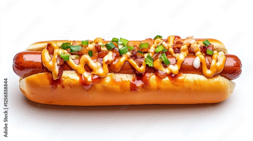 Hot Dog with Toppings of Bacon Sauce and Green Onions. Generative AI Hot Dog with Toppings of Bacon Sauce and Green Onions. Generative AI