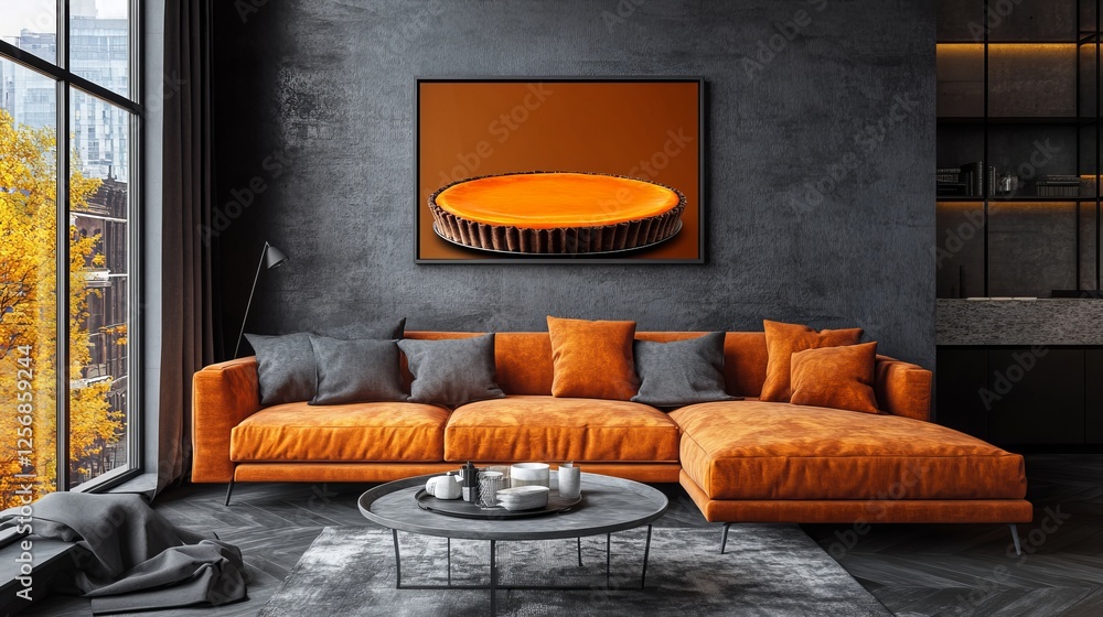 Fototapeta premium Cozy Living Room Featuring Plush Couch and Whimsical Cupcake Art Piece on the Wall Creating a Playful and Inviting Atmosphere Perfect for Relaxation and Enjoyment with Friends and Family