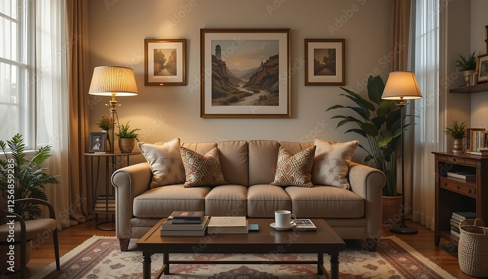 Cozy Living Room Interior Design with Beige Sofa, Warm Lighting, and Elegant Decor