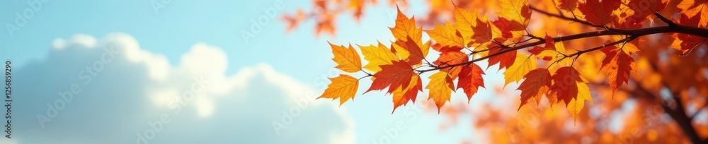 A branch heavy with autumn leaves stretches towards the sky, nature A branch heavy with autumn leaves stretches towards the sky, nature