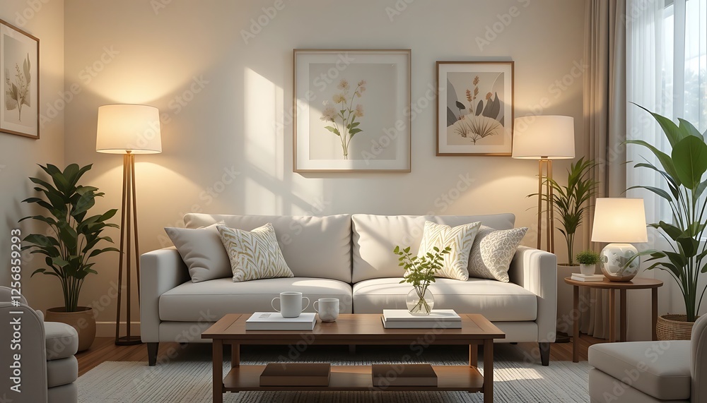 Cozy Living Room Interior Design with Beige Sofa, Wooden Coffee Table, and Floor Lamps