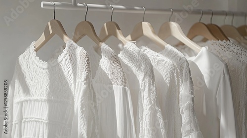 Elegant Display of White Dresses Hanging on a Rack in a Fashion Boutique Showcasing Timeless Style and Graceful Design Perfect for Weddings or Special Events with Soft Lighting photo