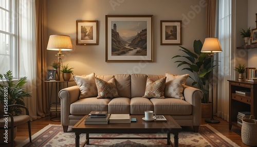 Obraz na płótnie Cozy Living Room Interior Design with Beige Sofa, Warm Lighting, and Elegant Decor w salonie