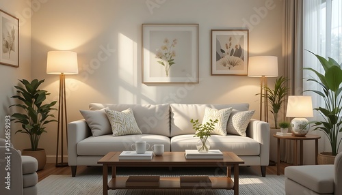 Obraz na płótnie Cozy Living Room Interior Design with Beige Sofa, Wooden Coffee Table, and Floor Lamps w salonie