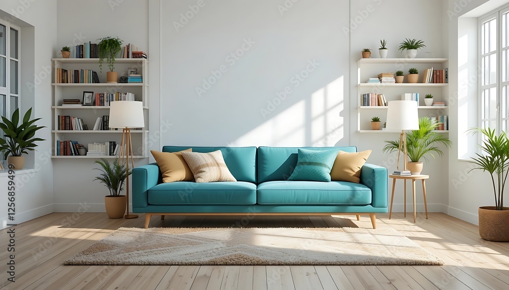 Modern living room interior design with teal sofa, bookshelves, plants, and sunlight streaming through windows