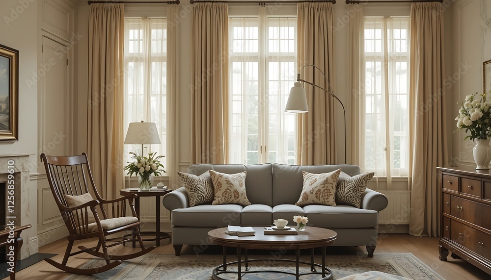 Elegant Living Room Interior Design with Beige Curtains, Gray Sofa, and Rocking Chair