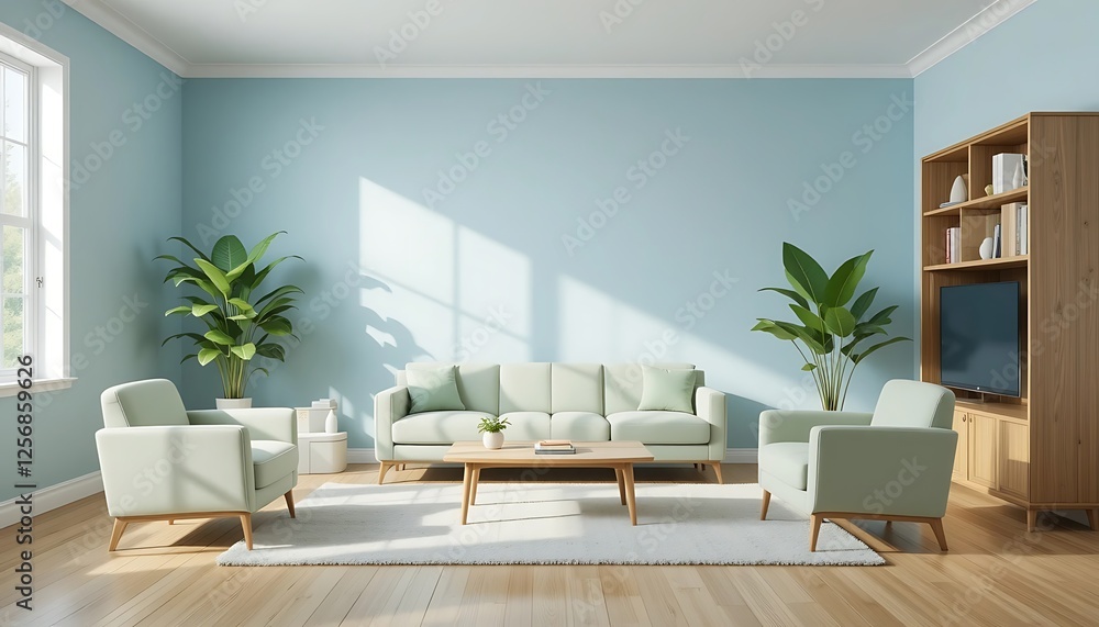 Light Green Living Room with Wooden Furniture and Plants, Modern Minimalist Interior Design