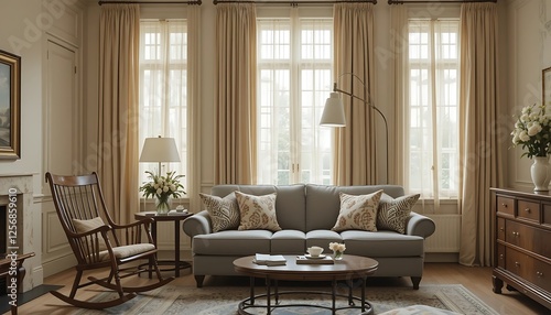 Obraz na płótnie Elegant Living Room Interior Design with Beige Curtains, Gray Sofa, and Rocking Chair w salonie