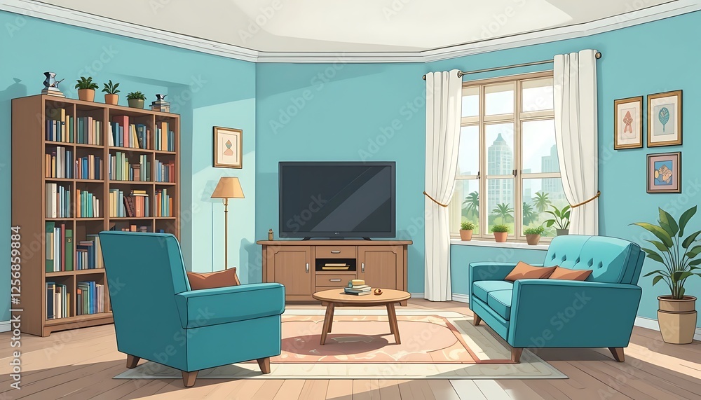 A sunlit living room with teal furniture, bookshelves, and a city view from the window