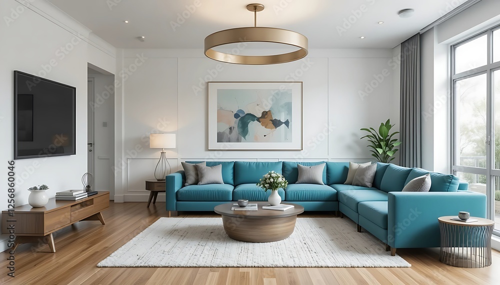 Modern Teal Sectional Sofa in a Bright and Airy Living Room with White Walls and Wooden Floors