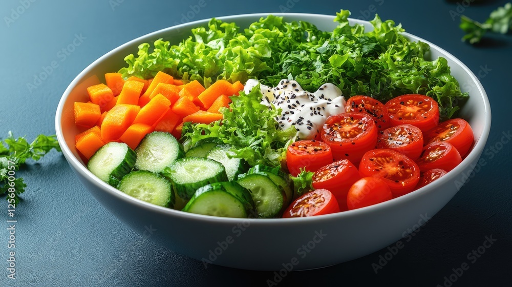 Fresh and colorful salad bowl featuring cucumbers, tomatoes, lettuce, and carrots on a blue background Fresh and colorful salad bowl featuring cucumbers, tomatoes, lettuce, and carrots on a blue background