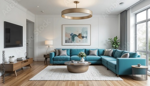 Obraz na płótnie Modern Teal Sectional Sofa in a Bright and Airy Living Room with White Walls and Wooden Floors w salonie