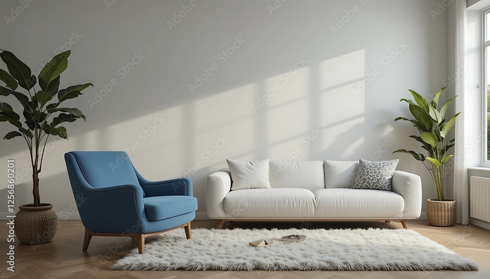Modern living room interior design with white sofa, blue armchair, and fluffy rug