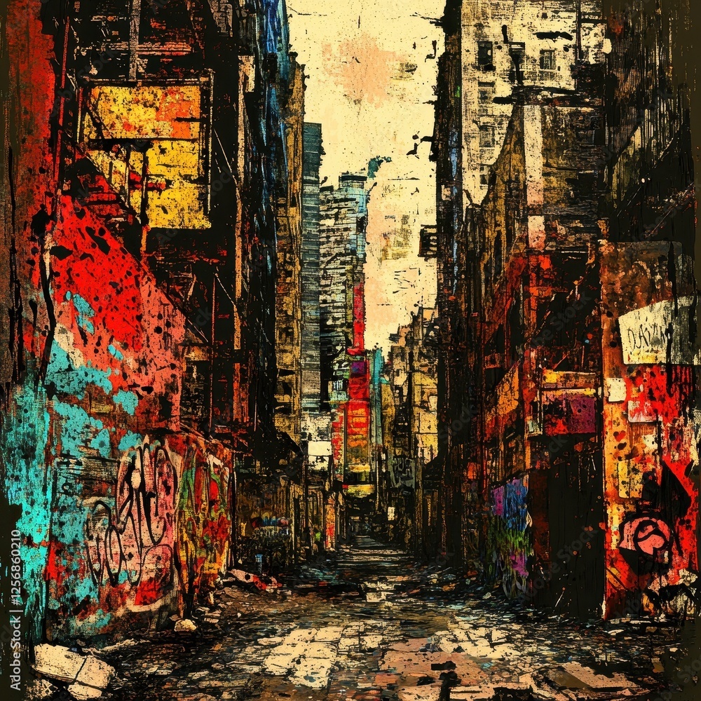 Fototapeta premium Graffiti art adorns the alleyway walls between tall buildings