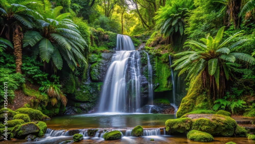 waterfall cascading gracefully in the midst of a lush forest with greenery and ferns surrounding it , foliage waterfall cascading gracefully in the midst of a lush forest with greenery and ferns surrounding it , foliage
