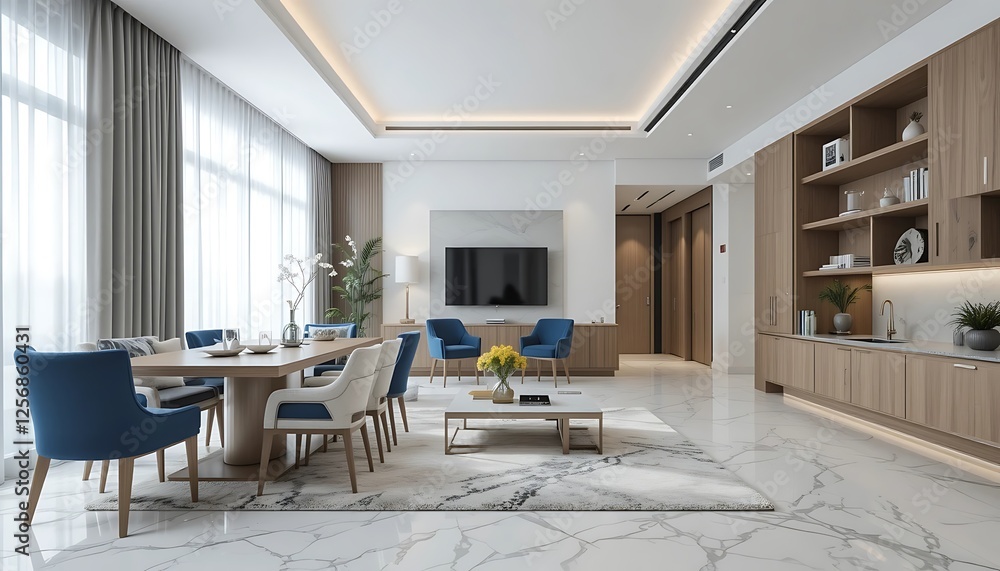 Modern Luxury Living Room and Dining Area Interior Design with Marble Floor