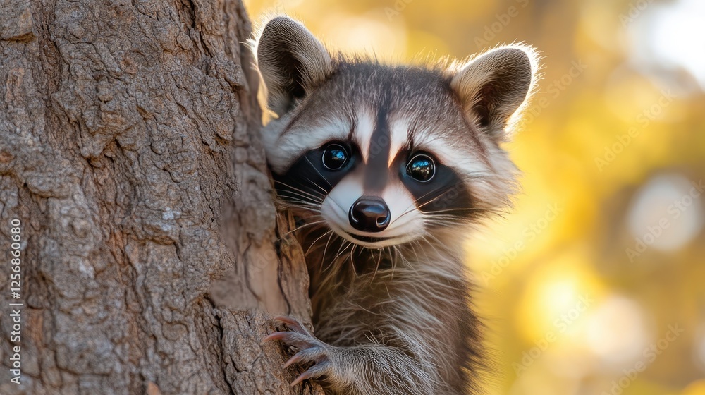 Fototapeta premium A curious raccoon peeks from behind a tree, surrounded by autumn foliage and soft sunlight