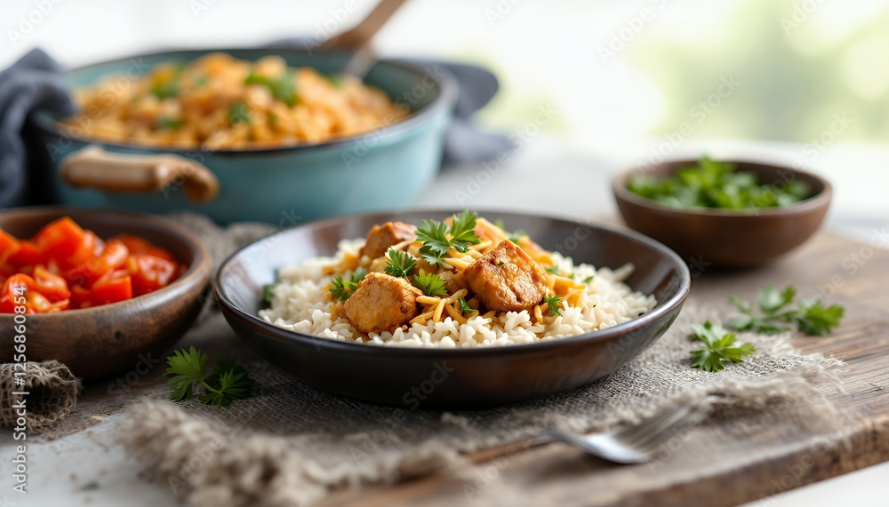 Aromatic Chicken Dish with Rice on a Wooden Board and Garnished with Fresh Herbs and Spices Aromatic Chicken Dish with Rice on a Wooden Board and Garnished with Fresh Herbs and Spices