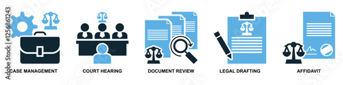 set of law and justice icon vector, featuring scales of justice, a gavel, courthouse for law firms, judiciary, legal services, and regulations