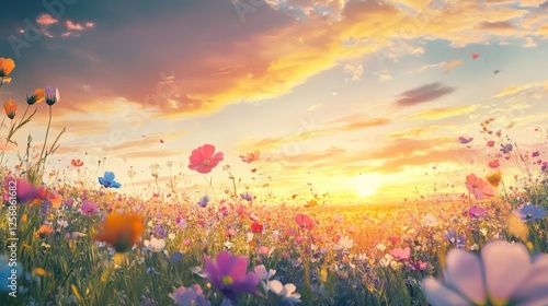 Colorful wildflowers bloom in a field at sunset