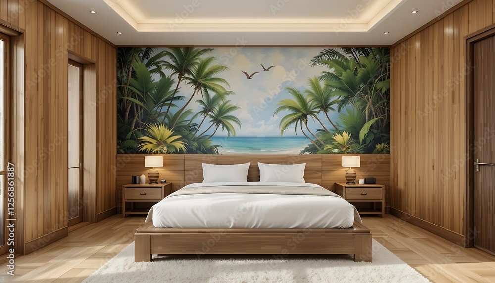 Tranquil Beach Bedroom Design: Luxurious Wooden Walls and Tropical Mural