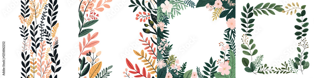 Fototapeta premium Gorgeous vibrant lush green foliage leaves and floral botanical pattern background Natural organic floral frame with colorful plant textures and growth