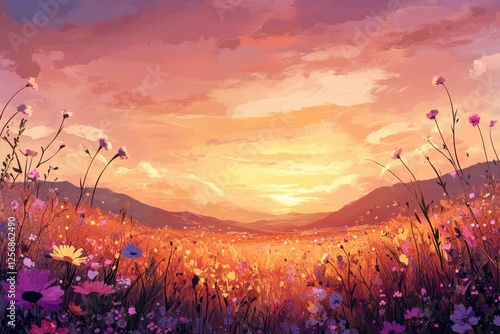A vibrant field of flowers bathes in the sunset glow