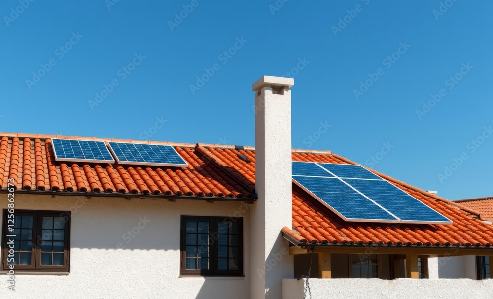 Rural home with solar panels on terracotta tiled roof architecture photographyarchitecture city building urban design exterior background tourism Rural home with solar panels on terracotta tiled roof architecture photographyarchitecture city building urban design exterior background tourism