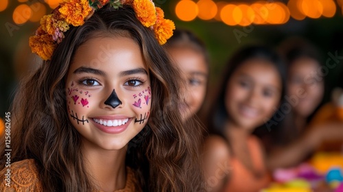 Happy Girl with Painted Skull Face and Flower Crown Smiling at Camera. Generative AI