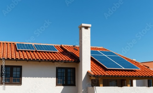 Obraz na płótnie Rural home with solar panels on terracotta tiled roof architecture photographyarchitecture city building urban design exterior background tourism w salonie