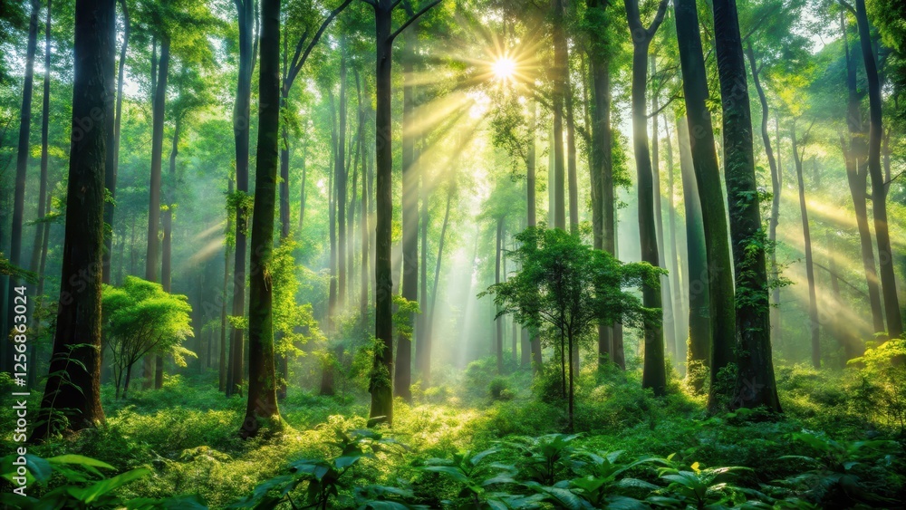 Obraz premium Dense Lush Forest with Tall Trees in Morning Light, tree canopy, greenery, tree canopy, greenery