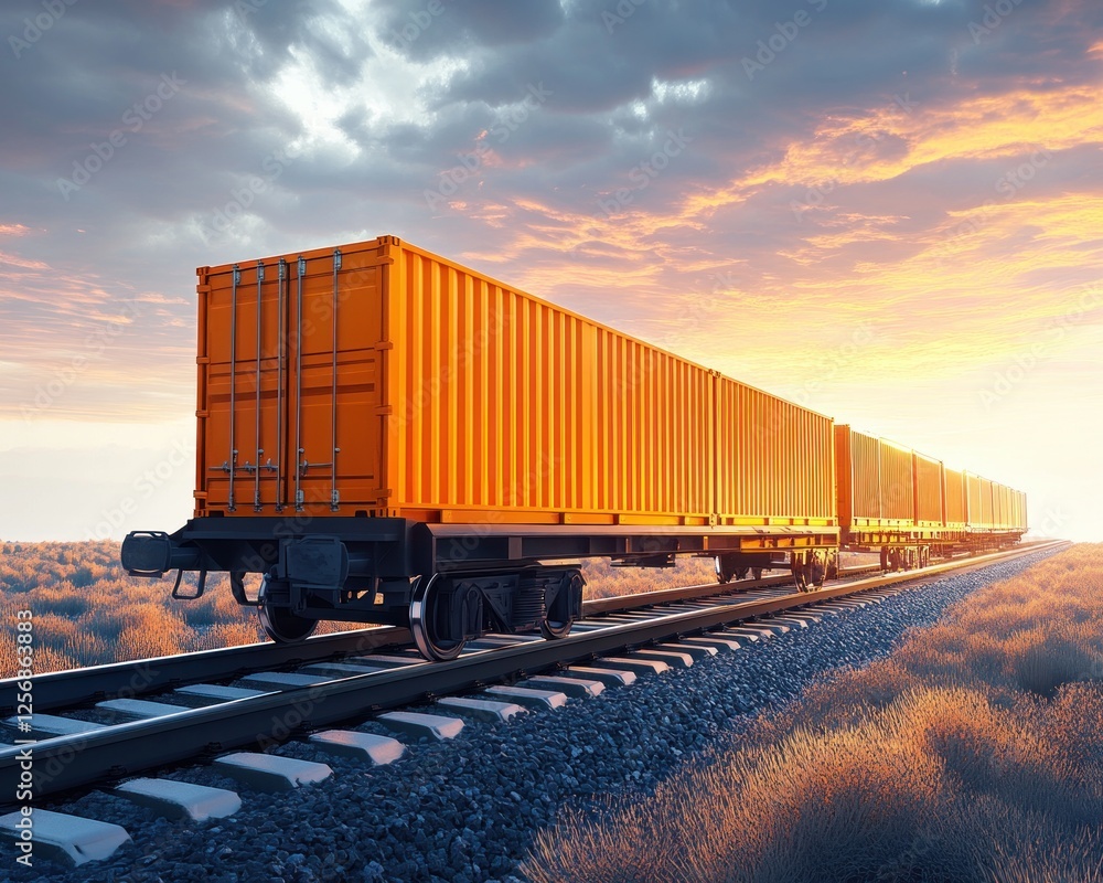 Modern Freight Train Wagon with Orange Containers in Industrial Environment Modern Freight Train Wagon with Orange Containers in Industrial Environment
