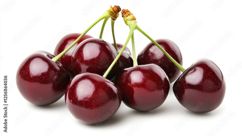 Fresh, ripe cherries clustered together on a white background, ideal for culinary use and recipes Fresh, ripe cherries clustered together on a white background, ideal for culinary use and recipes