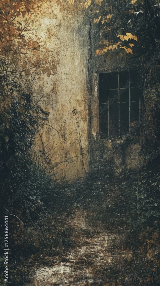 An aged building and a pathway are overgrown with vegetation An aged building and a pathway are overgrown with vegetation
